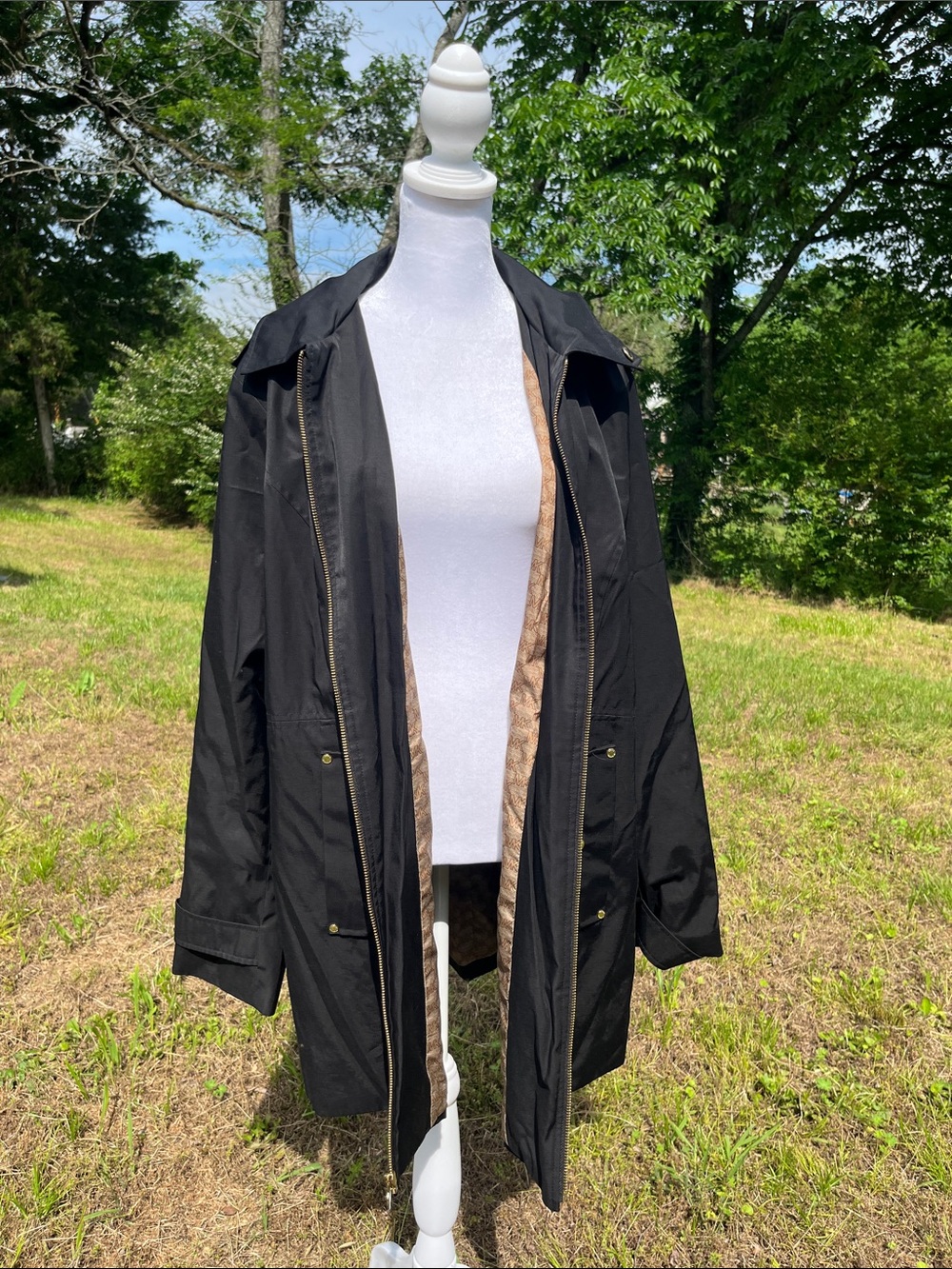 Michael Kors Black Water-resistant Full-zip Raincoat Branded Gold Hardware Sz XL